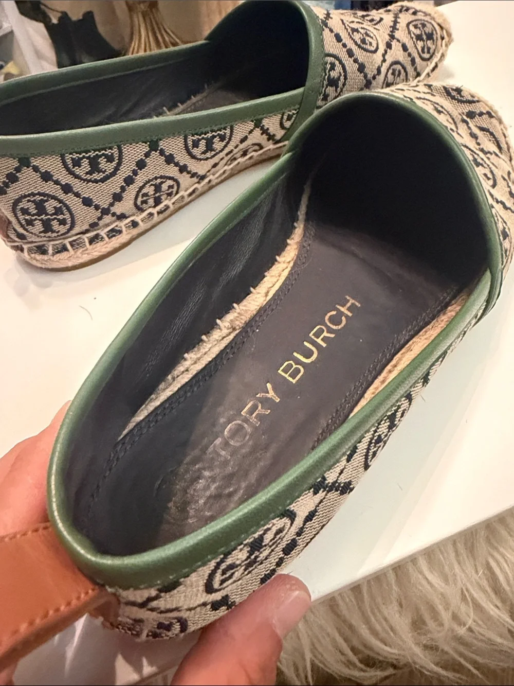 Tory Burch Navy Monogram Espadrille Flats with Green Trim